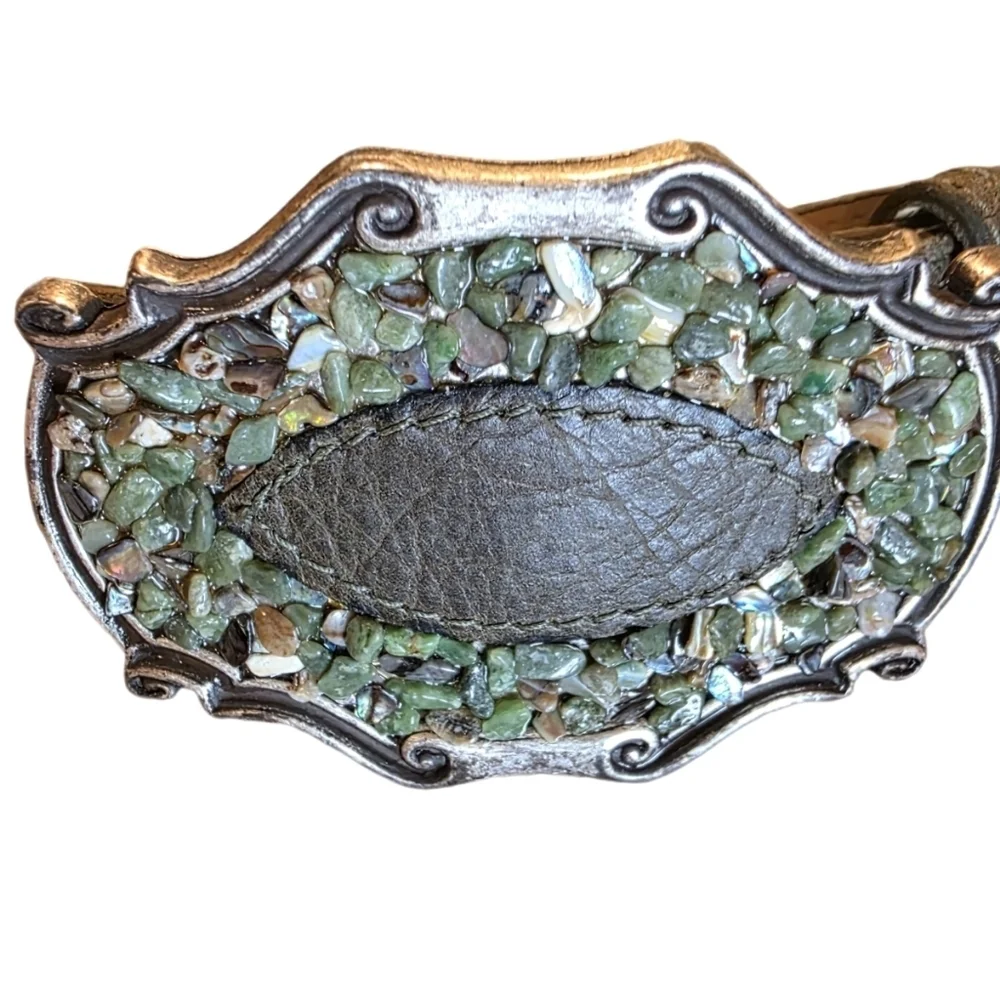 Vintage Elite Olive Green Leather Belt Embellished Buckle 35